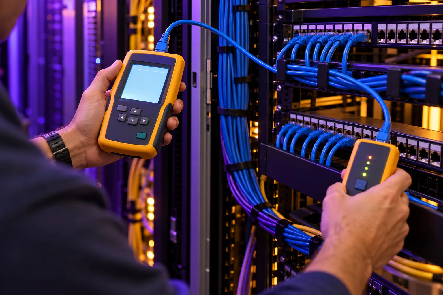 Técnico verificando un punto de red con un equipo de prueba