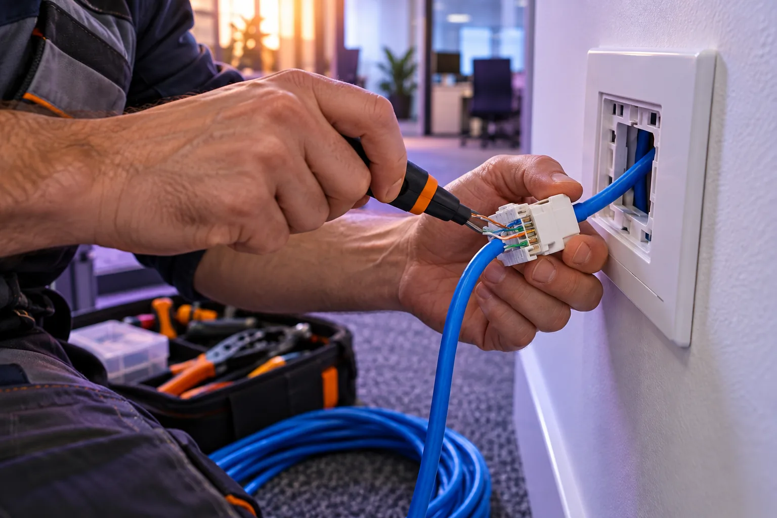 Técnico instalando un conector de red en una toma de pared
