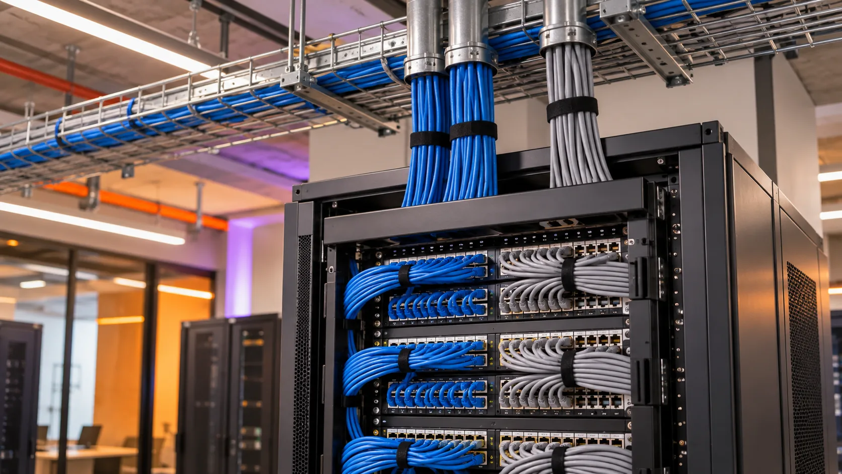 Cables de red ordenados en un rack y bandeja de canalización