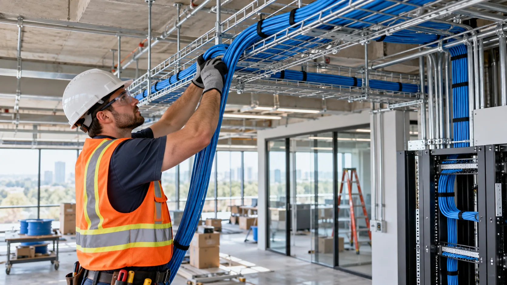 Técnico instalando cables de red en una bandeja de canalización