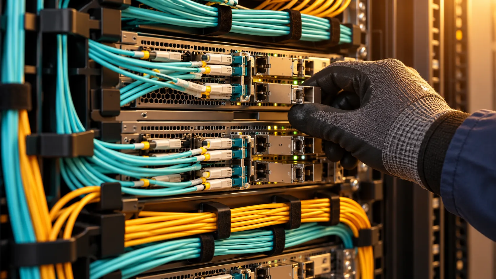 Conexiones de fibra óptica en un panel de distribución