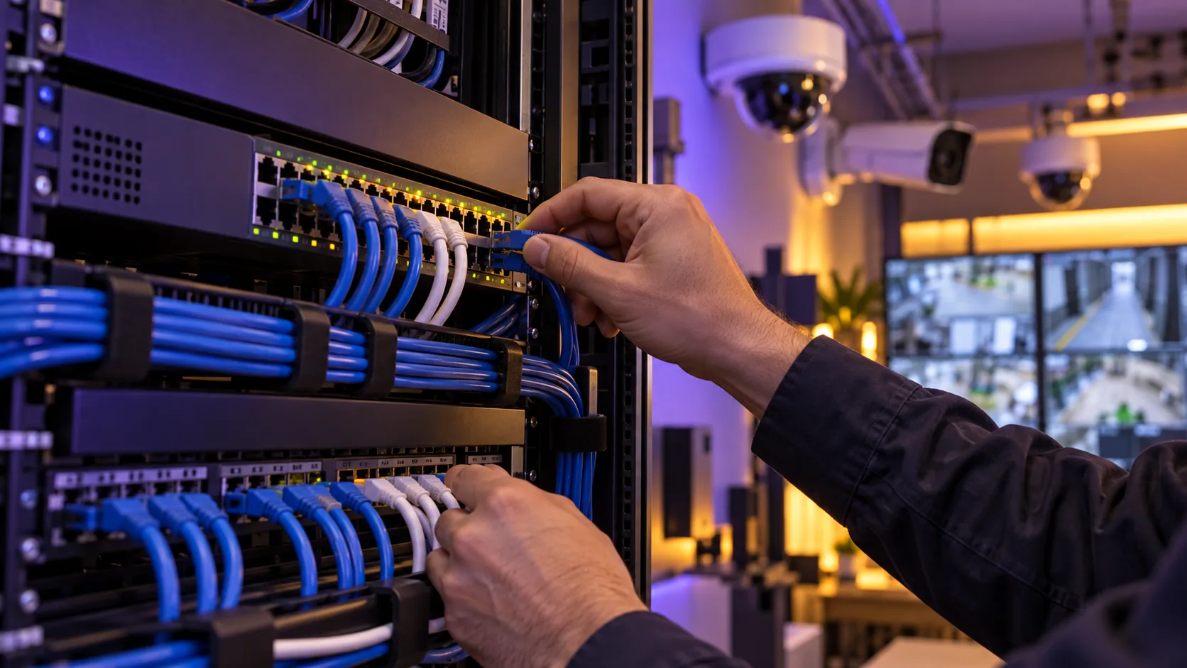 Especialista conectando un switch PoE para cámaras IP