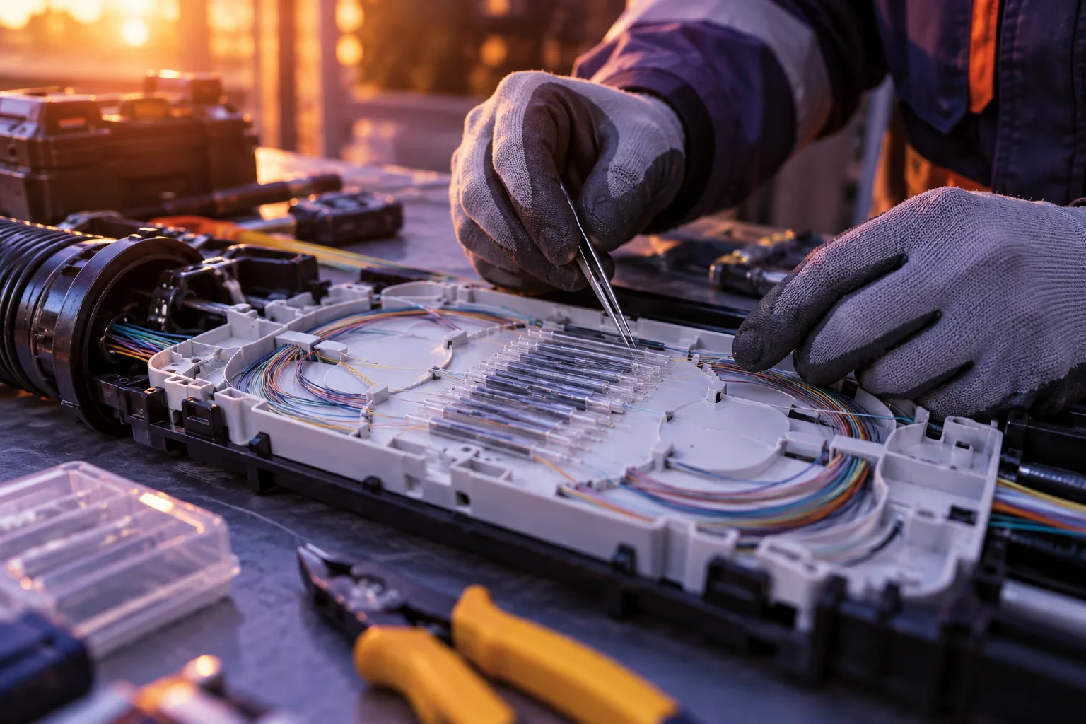 Técnico preparando el empalme de fibras ópticas