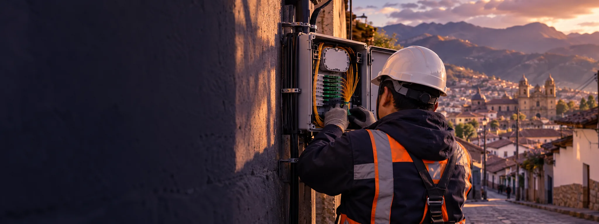 Técnico revisando una caja de distribución de fibra óptica en una calle de Cajamarca