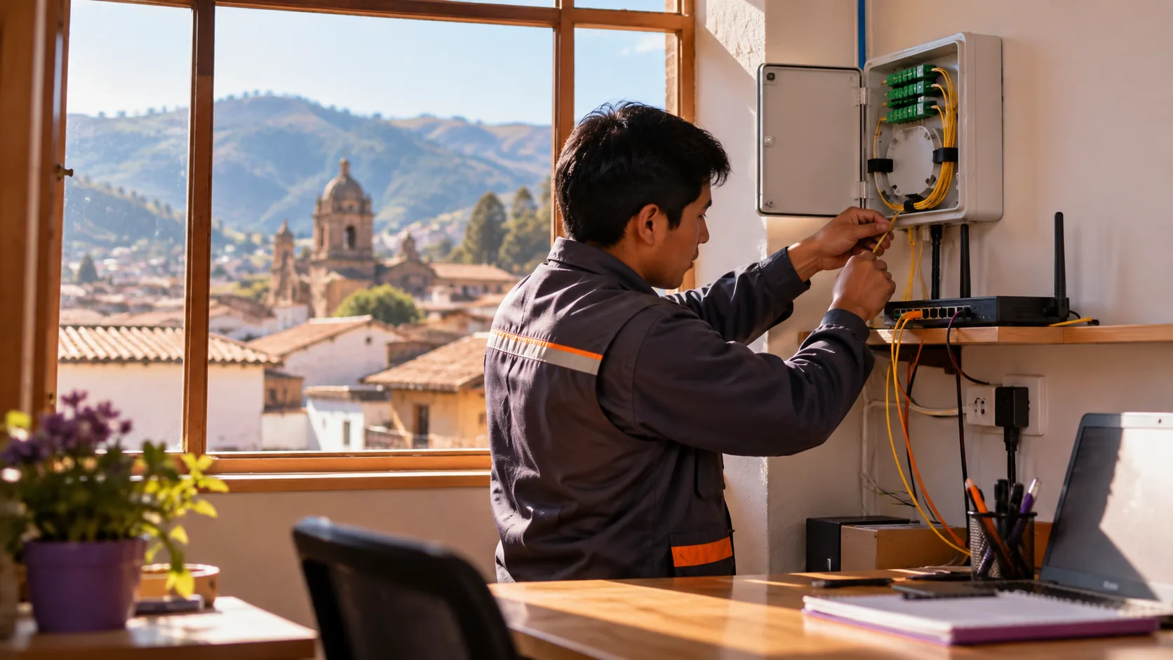 Técnico instalando una conexión de red en una oficina de Cajamarca