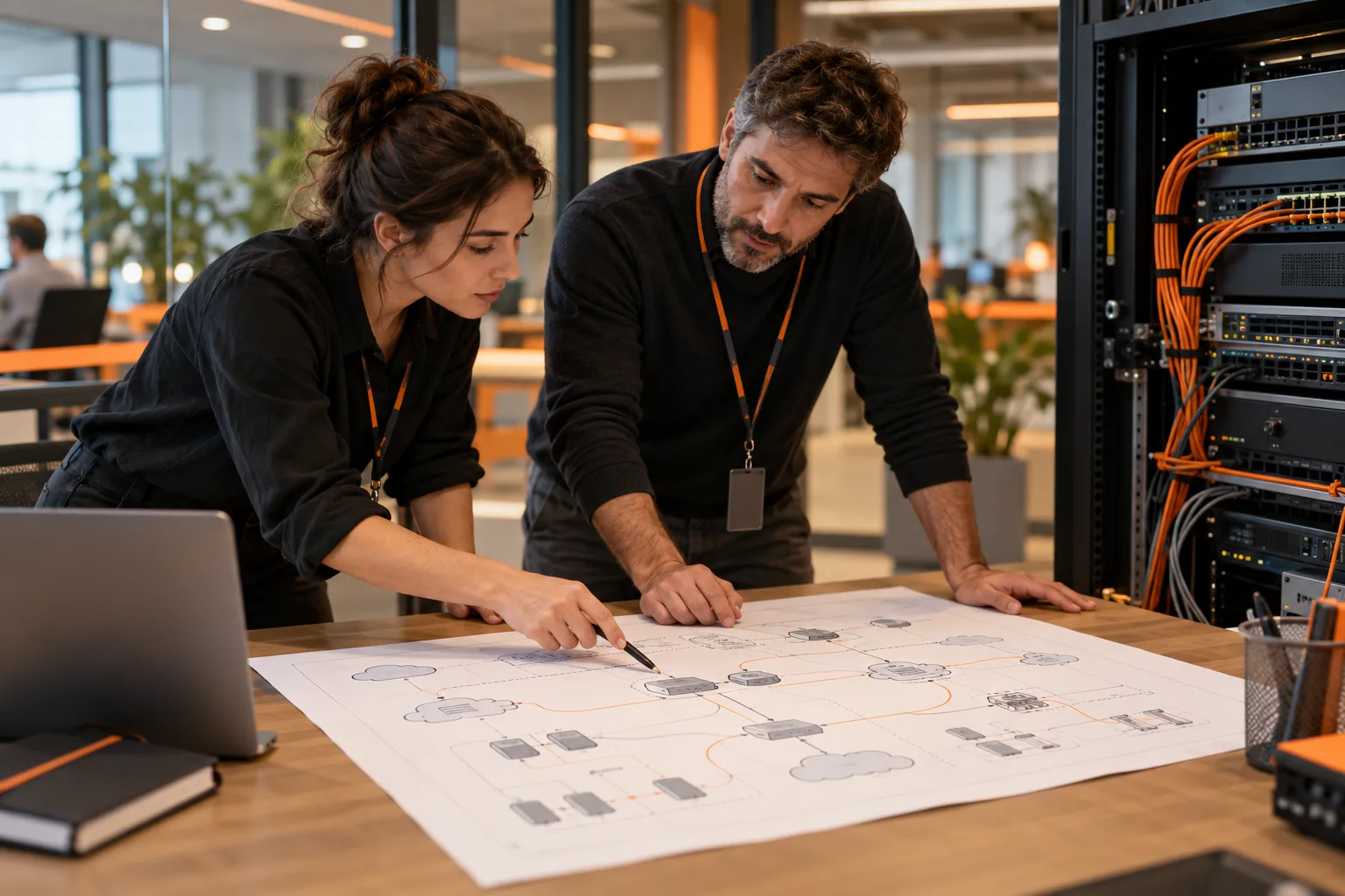 Técnicos revisando el diseño de una red entre sedes