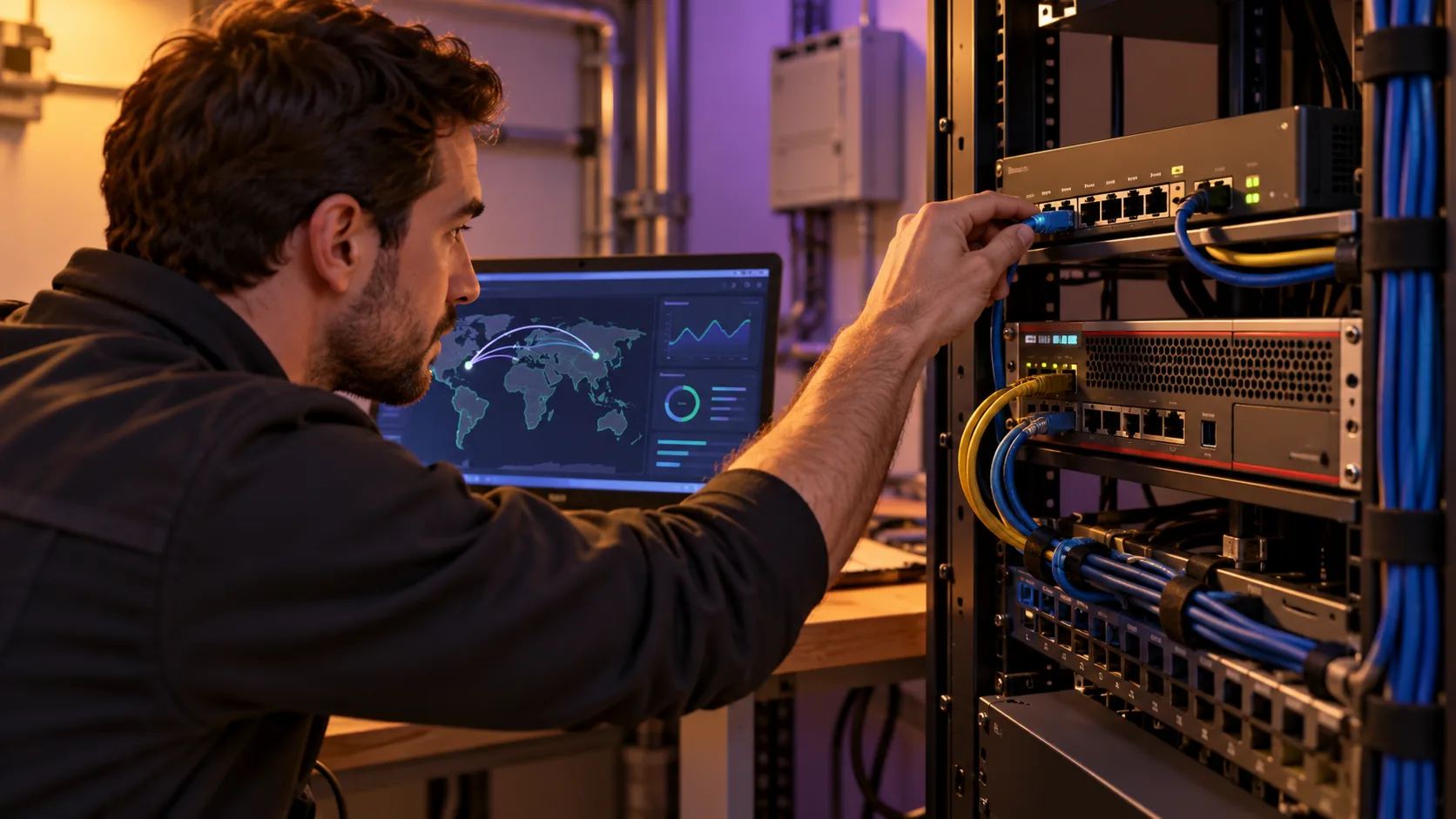 Especialista revisando el router y la conexión de borde