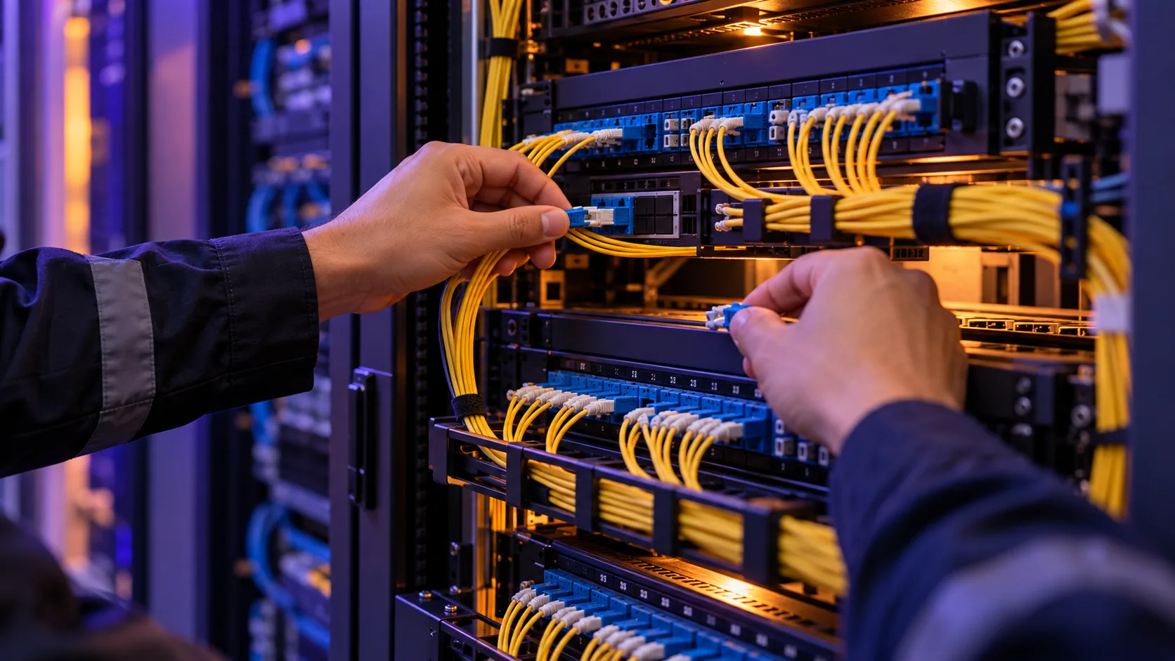 Técnicos organizando y comprobando enlaces de fibra en un rack