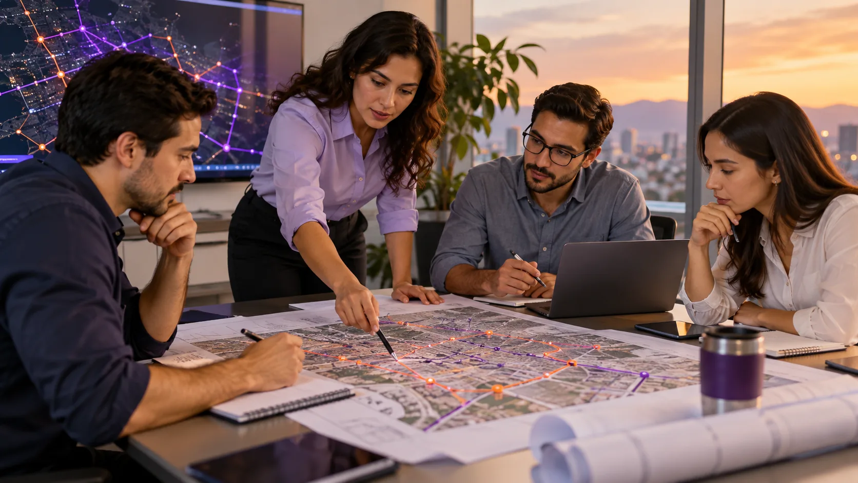 Equipo de telecomunicaciones revisando el plan de un proyecto
