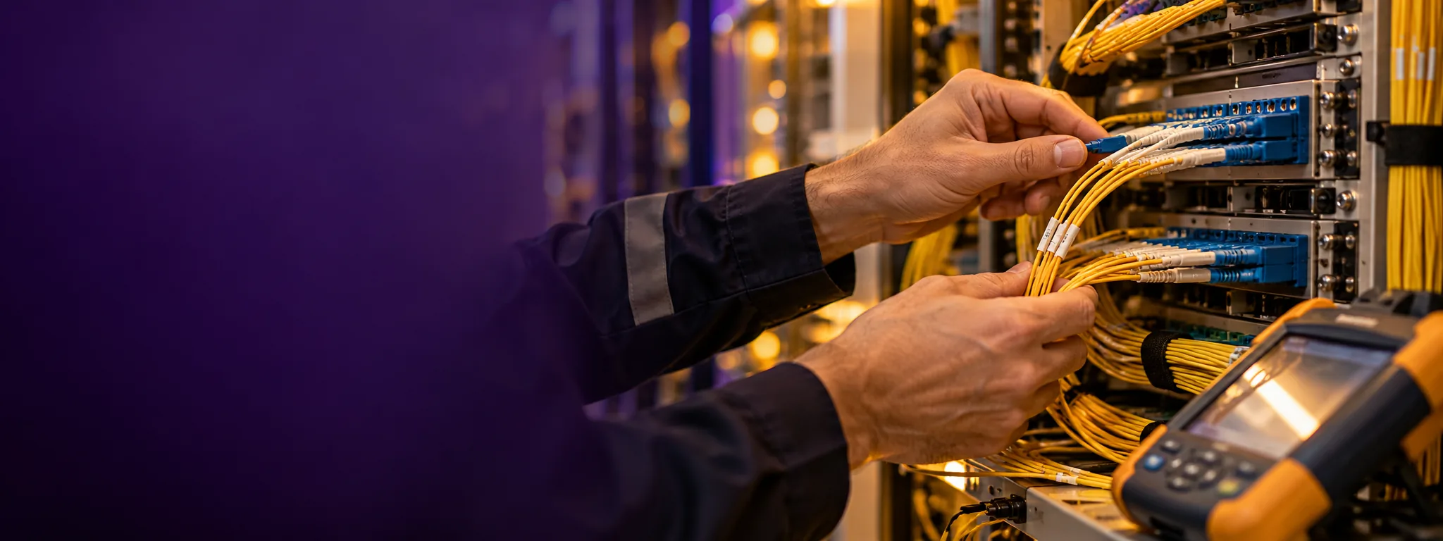 Especialista verificando conexiones de fibra óptica en un rack