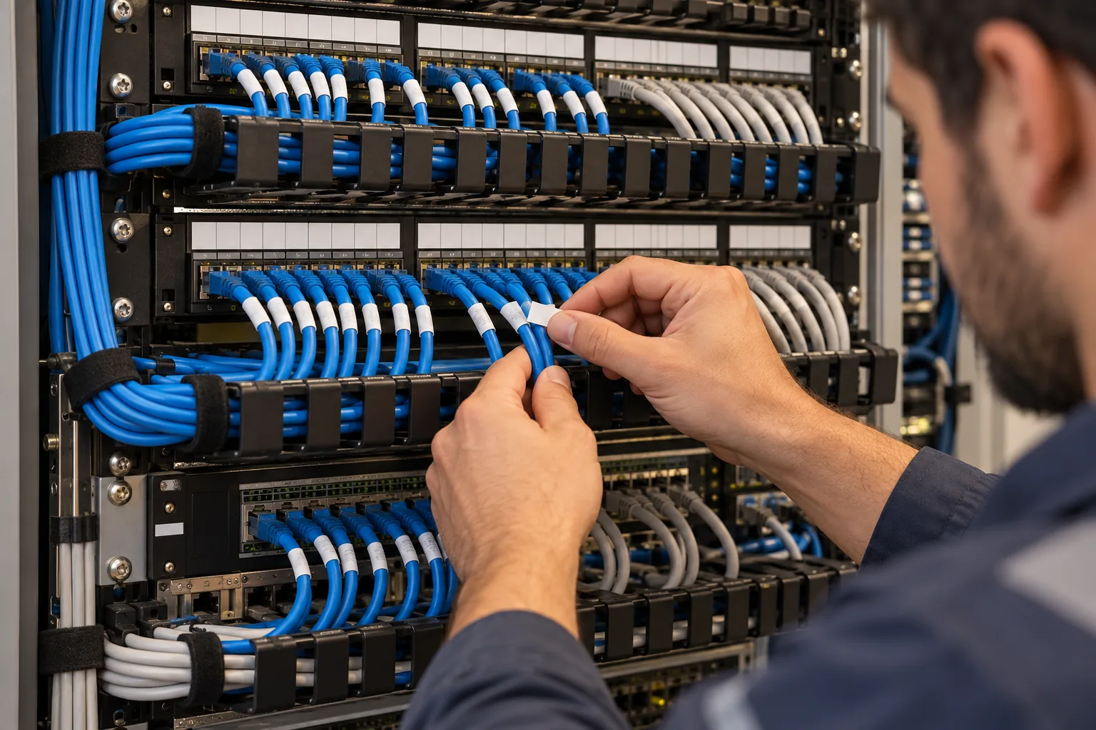 Técnico ordenando conexiones de un panel de cableado estructurado