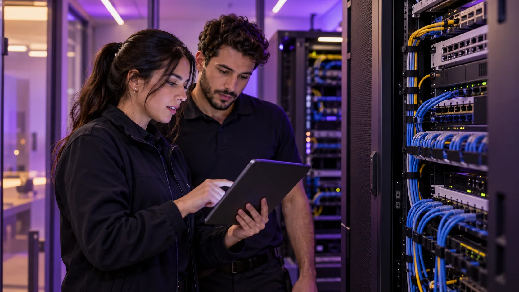 Técnicos revisando la conectividad de una sala de comunicaciones