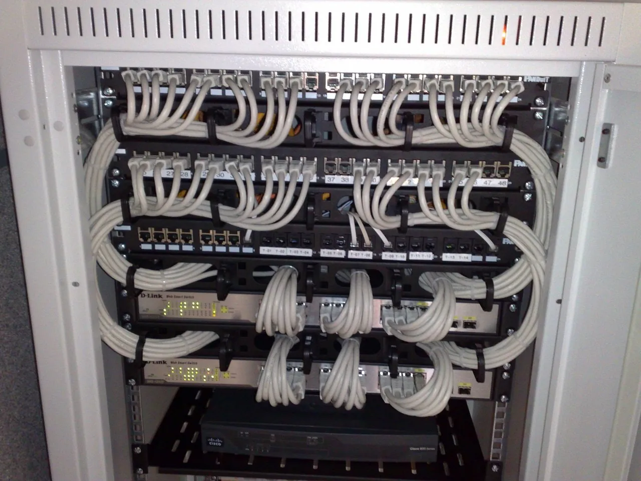Switches y paneles de cableado Cat 6 en rack, imagen referencial