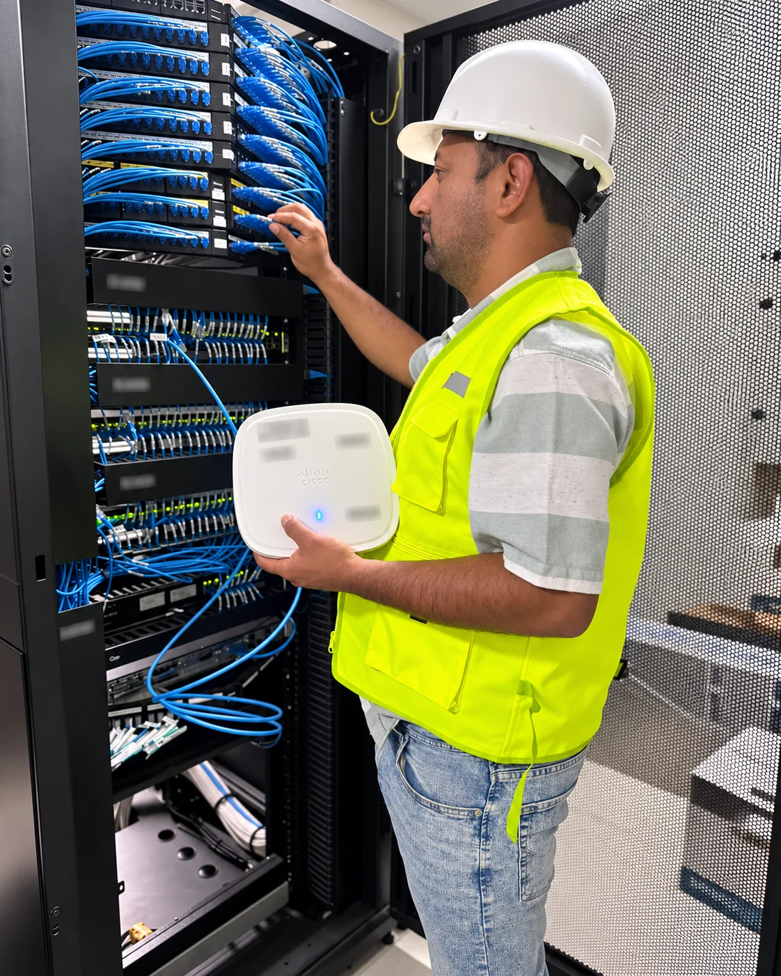 Técnico de COMPACTNETWORK junto a un gabinete de red y punto de acceso Cisco en proyecto SUNAT Cajamarca