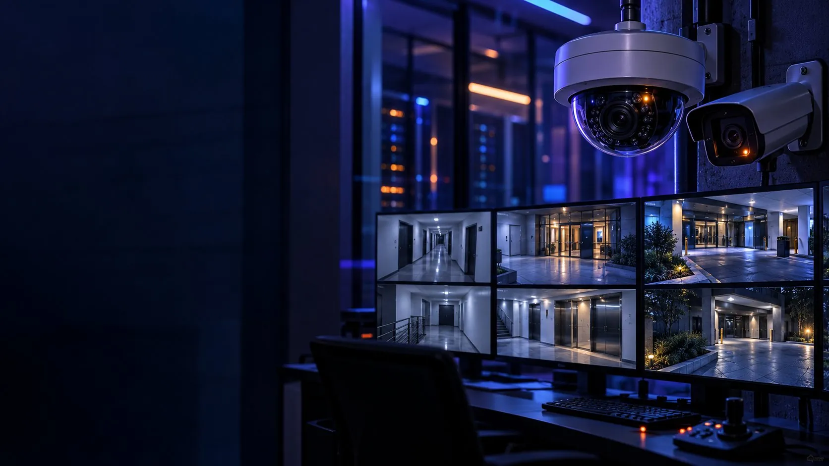 Imagen ilustrativa de cámaras IP y una sala de videovigilancia