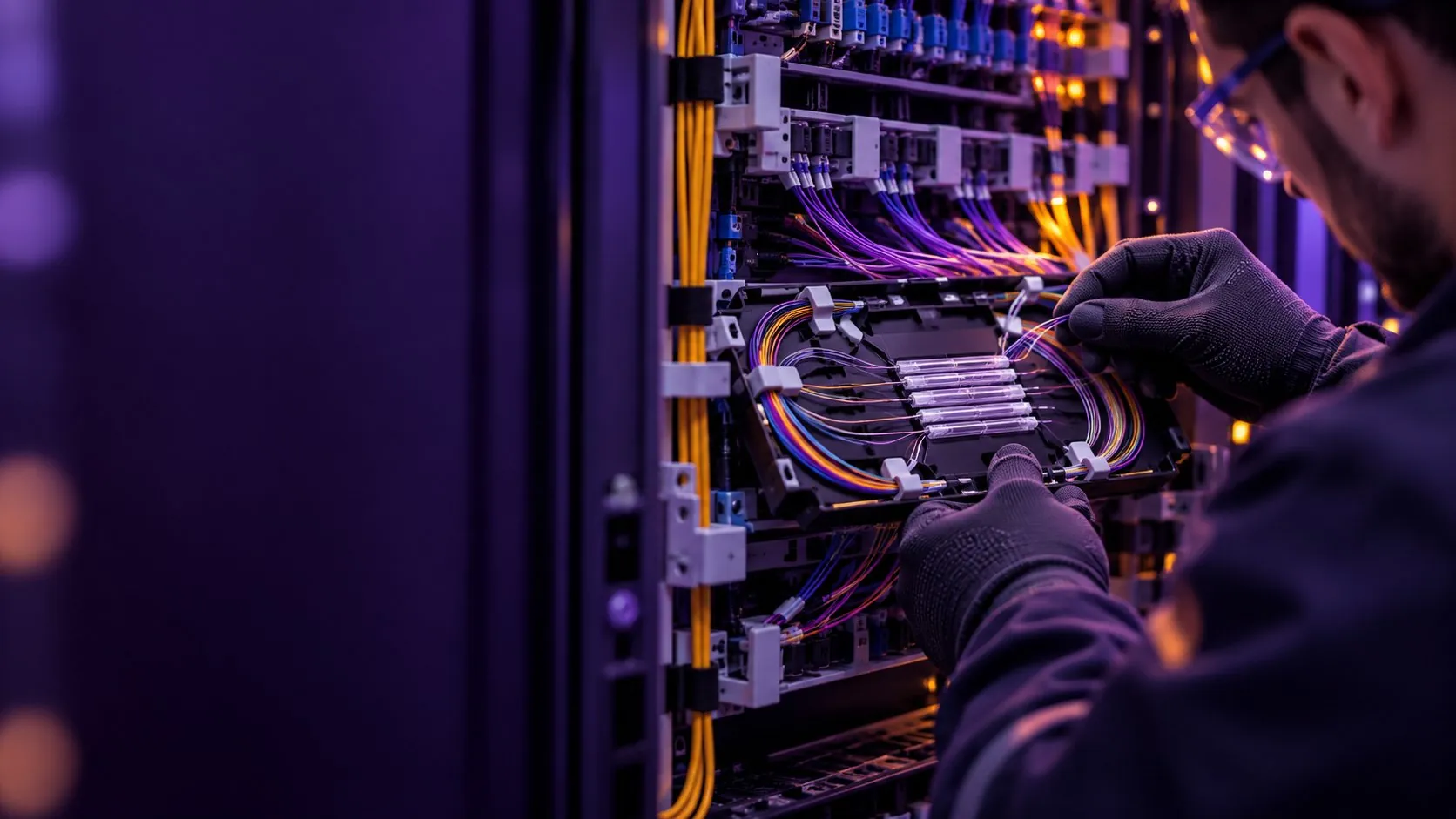 Imagen ilustrativa de un técnico trabajando con fibra óptica en un rack de comunicaciones