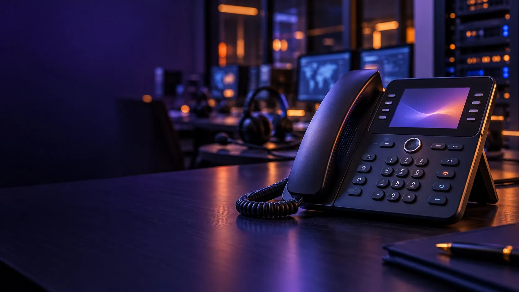 Imagen ilustrativa de un teléfono IP en una oficina empresarial