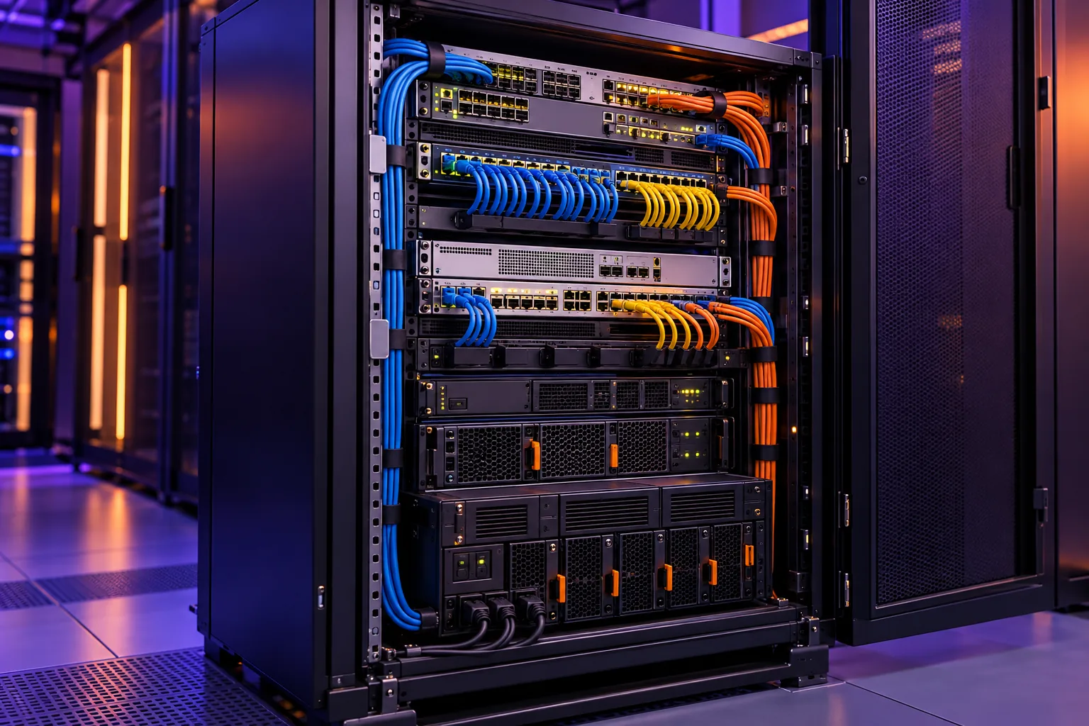 Rack de comunicaciones con switches, routers y cableado ordenado