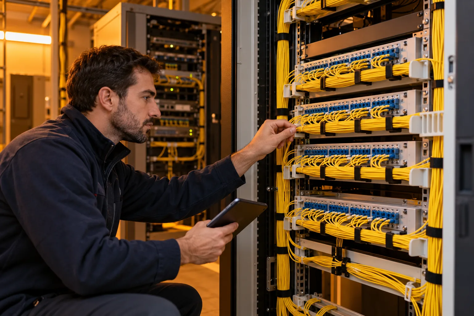 Especialista inspeccionando un panel de distribución de fibra óptica