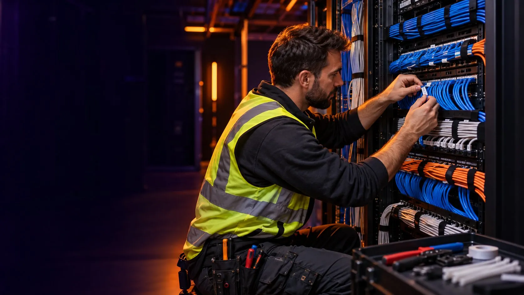 Imagen ilustrativa de un técnico instalando cableado estructurado en un rack