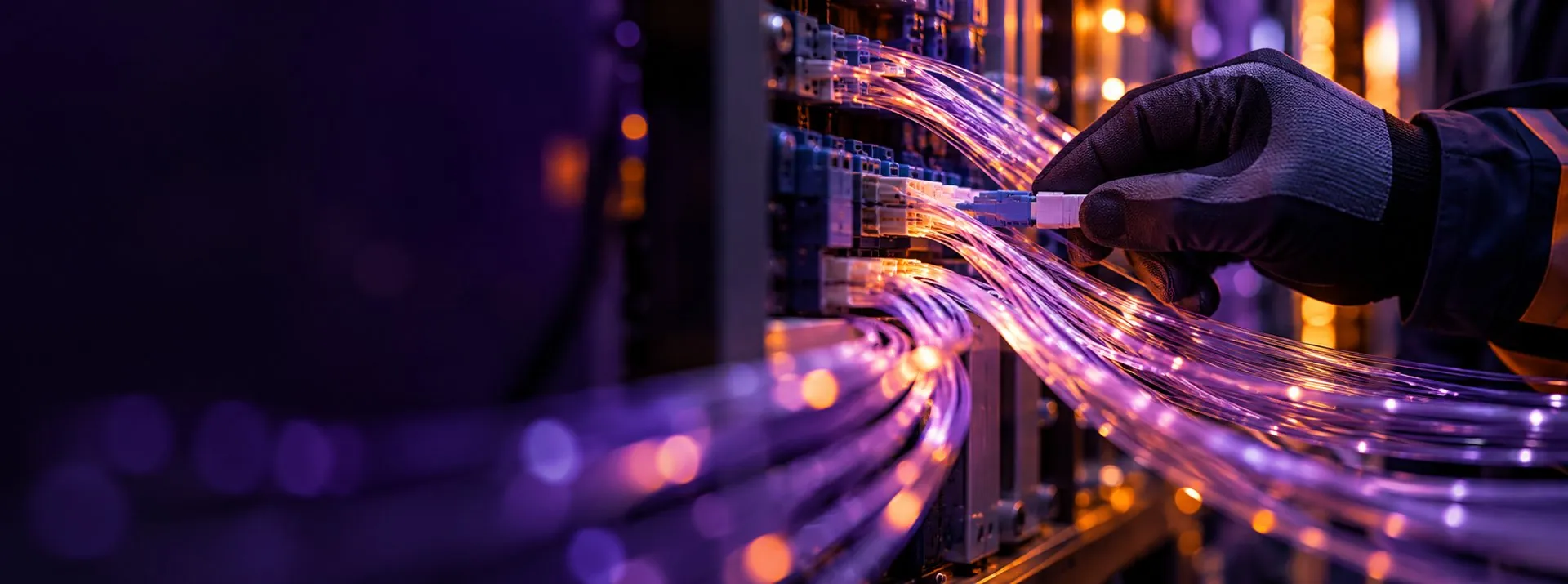 Imagen ilustrativa de conexiones de fibra óptica en un panel de distribución