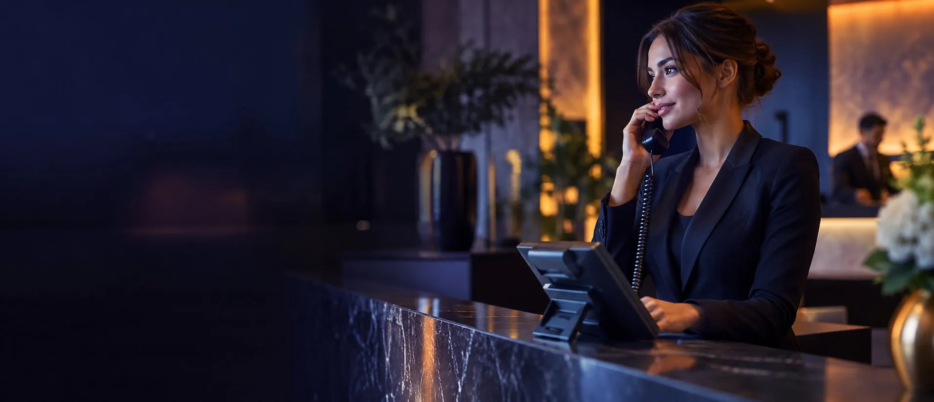 Imagen ilustrativa de una profesional usando telefonía IP en una oficina
