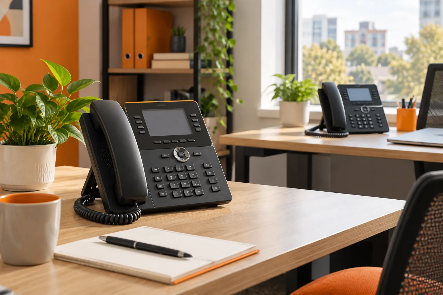 Teléfonos IP conectados en distintos puestos de oficina